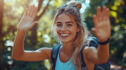 Joyful Young Woman Hiking in Nature with Hands Raised in Happiness