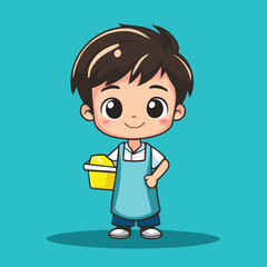 Cheerful Cartoon Boy in Apron Holding a Yellow Container