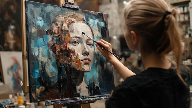 Young Artist Creating a Portrait Painting in Her Studio, Focused and Inspired