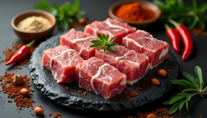 Fototapeta premium A plate of raw beef steaks with spices and herbs on a dark background