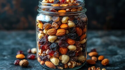 Jar of Mixed Nuts and Dried Fruits on Dark Rustic Background