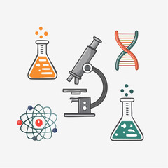 A clean vector icon sheet of microscopy tools including microscope, slide, and petri dish. Ideal for education, labs, and biology content.
