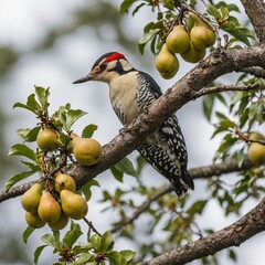 A woodpecker perched on a pear tree branch, white background