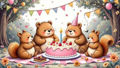 chubby bears and squirrels celebrating a birthday party with cake too big to cut; picnic scene with streamers, balloons, and trees drawn in line art.