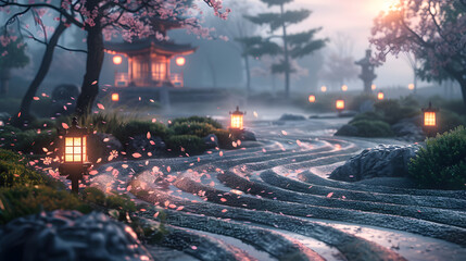 Serene pathway with lanterns in a tranquil garden setting.