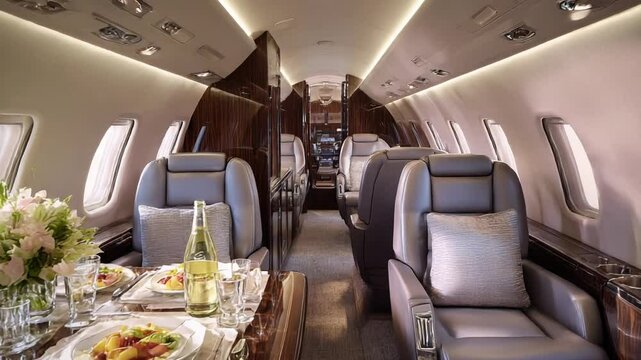 Luxurious private jet interior with dining setup
