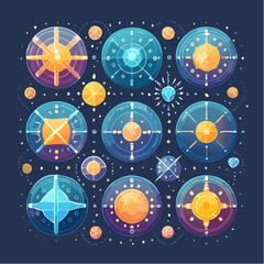 Fototapeta premium A collection of energy core icons with stylized tech shapes and glowing centers. Suitable for games, dashboards, and sci-fi themed materials.
