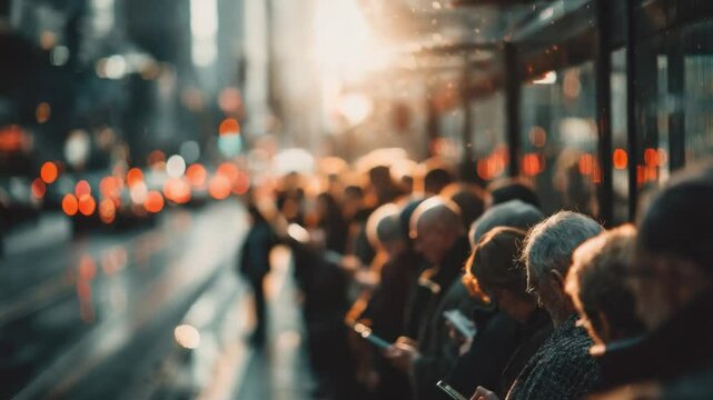 Urban Commute: A blurred image captures a crowd of individuals waiting at a bus stop, with the cityscape serving as a dynamic backdrop, telling the story of daily transit.