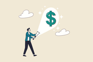 Make money or increase earning from investment, salary or income increase, profitability concept, businessman investor using flashlight aim at small dollar in his hand projecting big dollar money sign