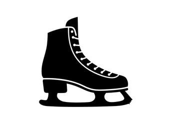 Isolated black and white graphic of a figure ice skate with white laces on a white background