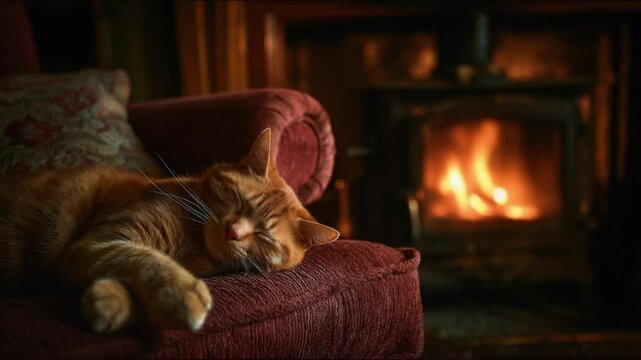 Cozy Cat by the Fireplace: A ginger cat is curled up in a plush armchair, while a warm, inviting fire crackles merrily in the background, creating a scene of tranquility and comfort.