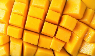 Close-up of diced mango, vibrant yellow, juicy texture, food photography, ideal for recipes