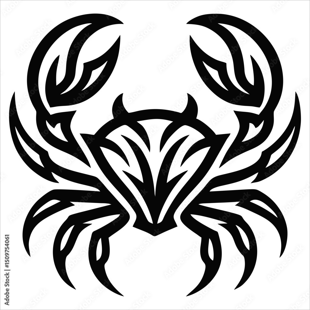 Aufkleber stylized symmetrical black crab design with bold lines and pointed shapes on a white background