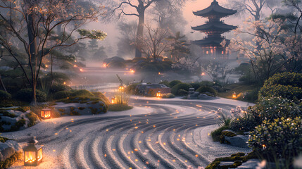 Serene winter landscape with a traditional pagoda and lanterns.