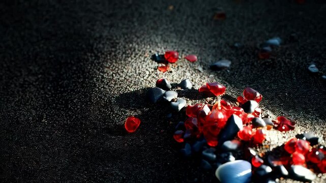 Black sand beach with red gemstones, black pebbles, and one blue shell in soft lighting, creating a textured and contrasted ground with gem scattering