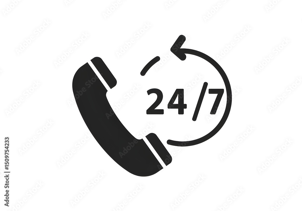 Poster a black phone receiver icon with twenty four seven symbol on a white background in vector format