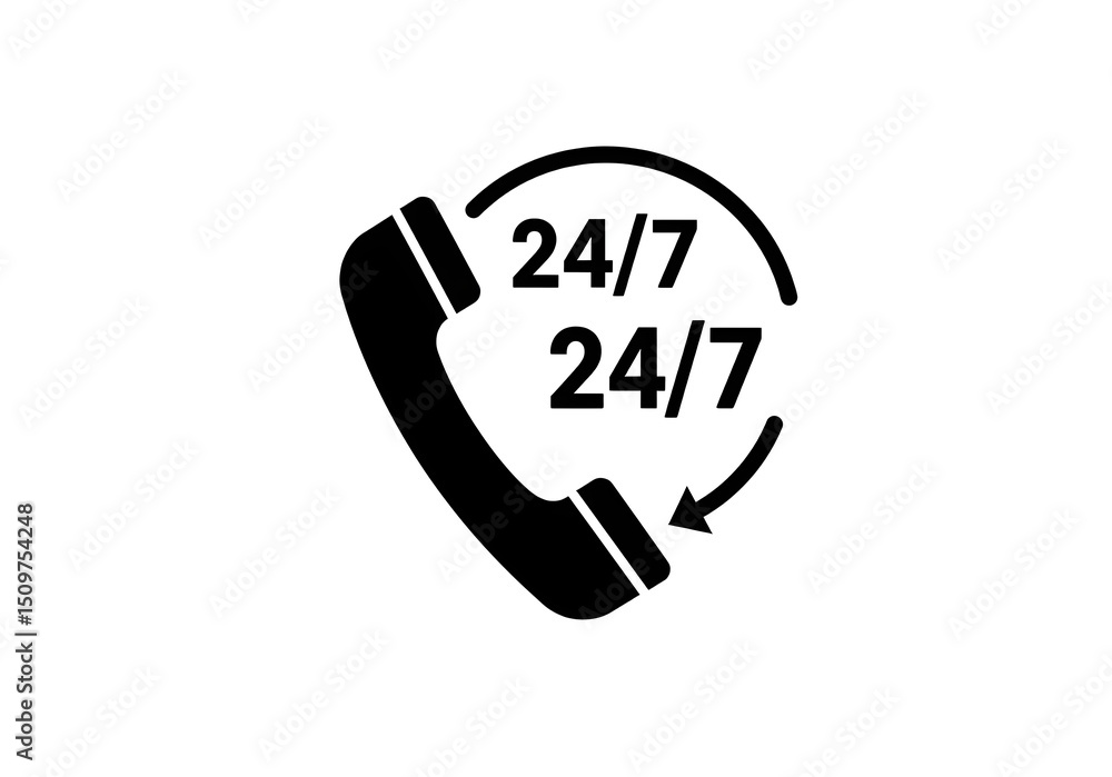 Poster black phone receiver icon with twenty four seven text indicating round the clock service availabilit