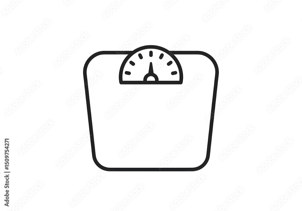 Poster a simple line drawing of a bathroom scale with a dial on a white background in a minimalist style