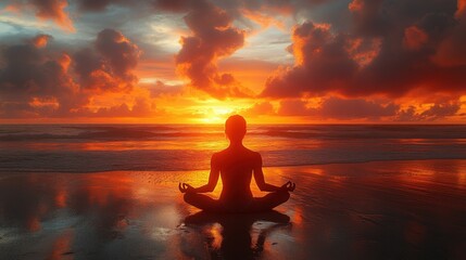 Serene Sunset Meditation by the Ocean with Vibrant Clouds and Waves