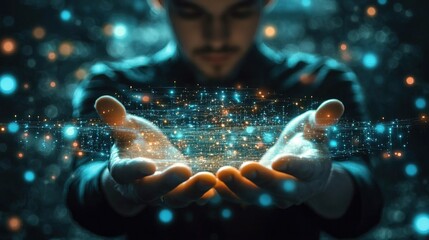 A business angel investing in a promising startup project, money flowing in holograms