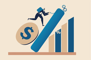 Personal loan interest rate, finance risk, debt or mortgage to pay back, credit or monetary policy concept, man trying hard to pulling heavy money bag labeled as loan up the hill on percentage sign.