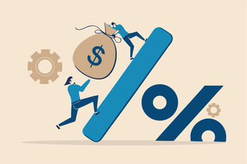 Personal loan interest rate, finance risk, debt or mortgage to pay back, credit or monetary policy concept, man trying hard to pulling heavy money bag labeled as loan up the hill on percentage sign.