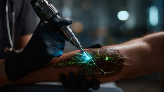 Tattoo Procedure: Close-up shot of a skilled artist's gloved hand wielding a tattoo machine, meticulously etching intricate designs onto a person's arm.