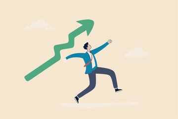 Business growth and improvement, target high profit, stock market soaring, bull market or economic prosperity concept, strong businessman throwing green rising up arrow javelin.