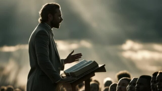 The Sermon: A pastor delivering a heartfelt sermon with passion and devotion, his words resonating with the congregation gathered beneath a dramatic sky, as faith and community unite.