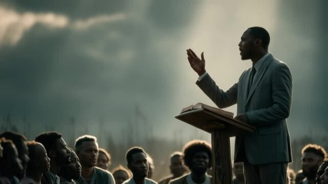 Rhetoric in the Open Air: A charismatic orator captivates an attentive congregation in a stirring outdoor sermon, conveying depth of thought and unwavering resolve.