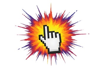 A pixelated hand cursor with burst of orange and purple rays on a white isolated background