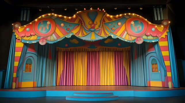 A children's puppet theater stage with whimsical decorations and colorful curtains