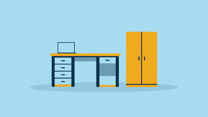 Minimalist Workspace Desk with Laptop Storage Cabinet Room Illustration Modern Furnishings Blue Background