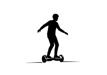 Silhouette of a person riding a hoverboard on a white background with arms outstretched for balance