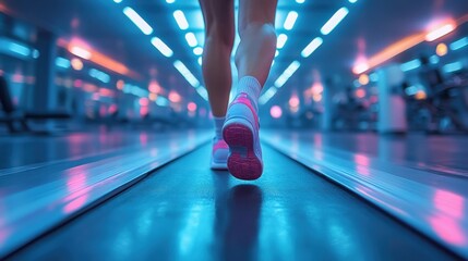 Vibrant Athletic Feet Running in a Futuristic Gym Atmosphere