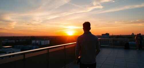 Fototapeta premium Silhouette of a figure at sunset on a rooftop terrace, calm, feminity