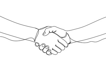 Continuous line drawing of two hands in a handshake representing agreement and cooperation on white