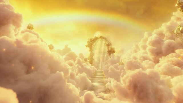 Golden Gate to Paradise: A majestic portal bathed in ethereal golden light, nestled amidst a sea of fluffy clouds and crowned by a vibrant rainbow, inviting viewers to imagine a divine paradise. 