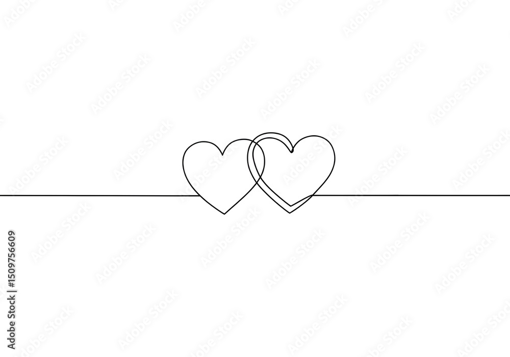 Poster two hearts connected by a single line drawing on a white background in a minimalist style art work