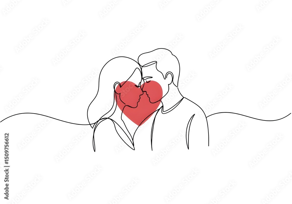 Poster continuous line drawing of a couple with a red heart shape in the background on a white background