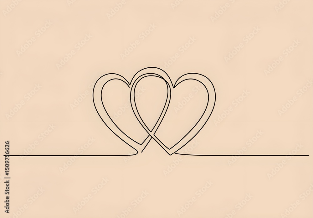 Poster continuous line drawing of two intertwined hearts on a light beige background in minimalist style