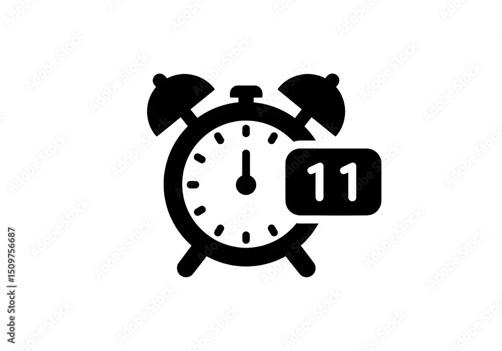 Poster a black alarm clock icon showing eleven o clock with a notification box showing eleven on a white ba