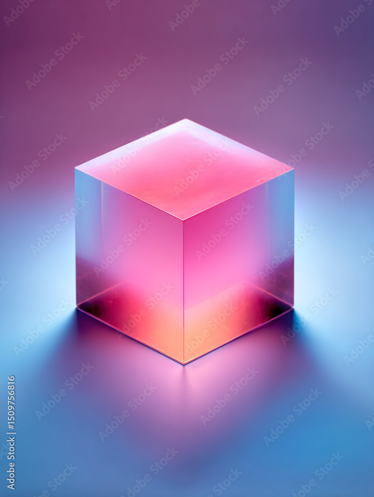 Poster a translucent cube with pink and orange hues on a gradient blue and purple surface with a soft shado