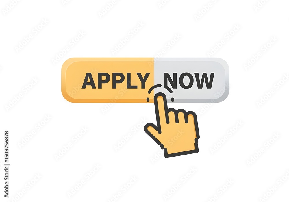 Poster apply now button with a cartoon hand clicking on it in a digital interface on a white background