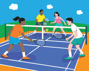 Obraz premium A vibrant flat illustration of a diverse group of people playing pickleball outdoors. Depicts movement, teamwork, and sporty lifestyle in a fun, colorful court setting.