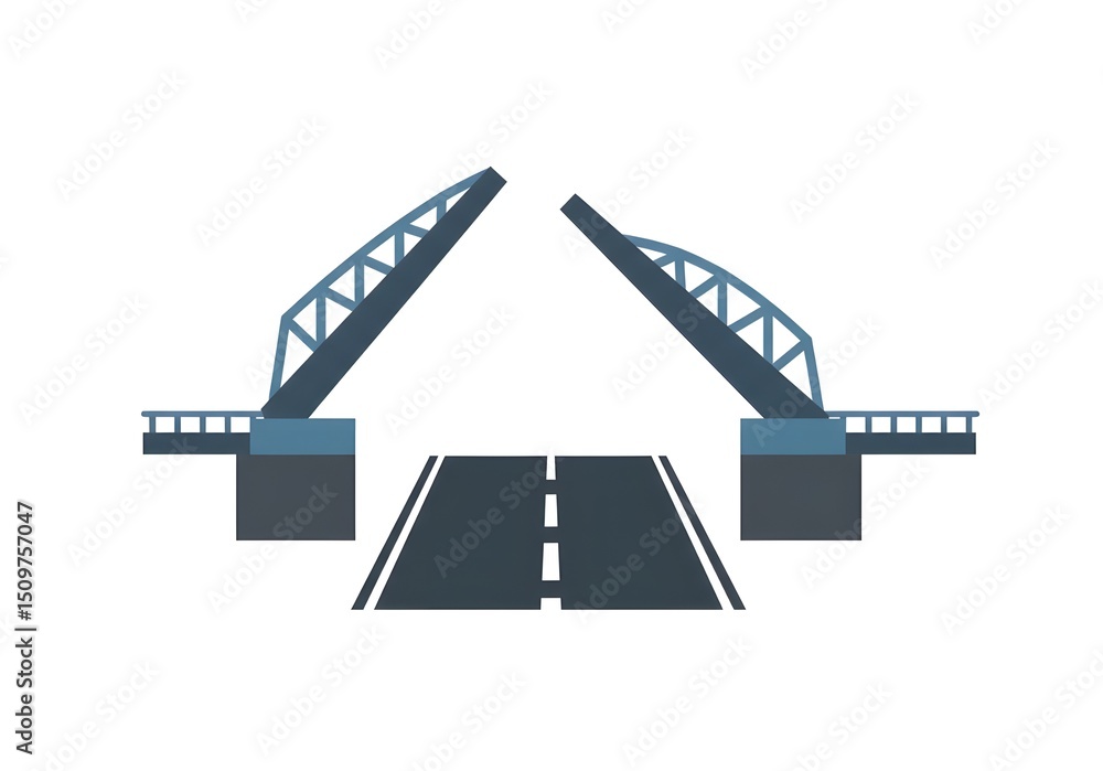 Poster a simple illustration of an open drawbridge with a road leading up to it on a white background