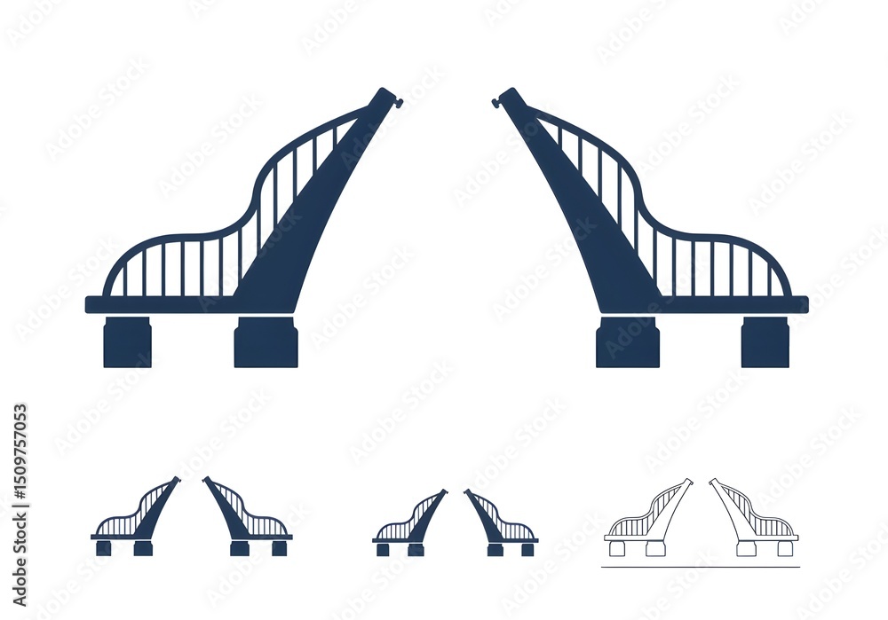 Poster illustration of a blue drawbridge in an open position with multiple smaller bridge icons below