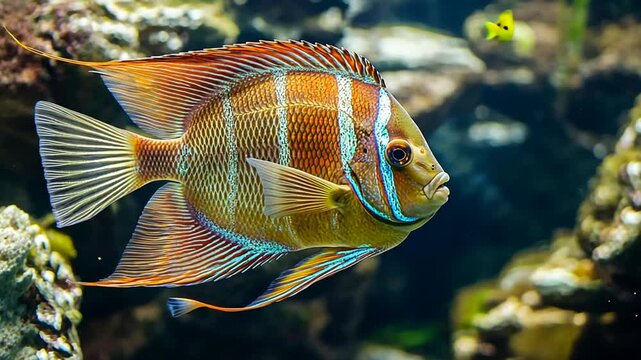 Mesmerizing close-up of a threadfin acara fish gracefully swimming underwater scenery