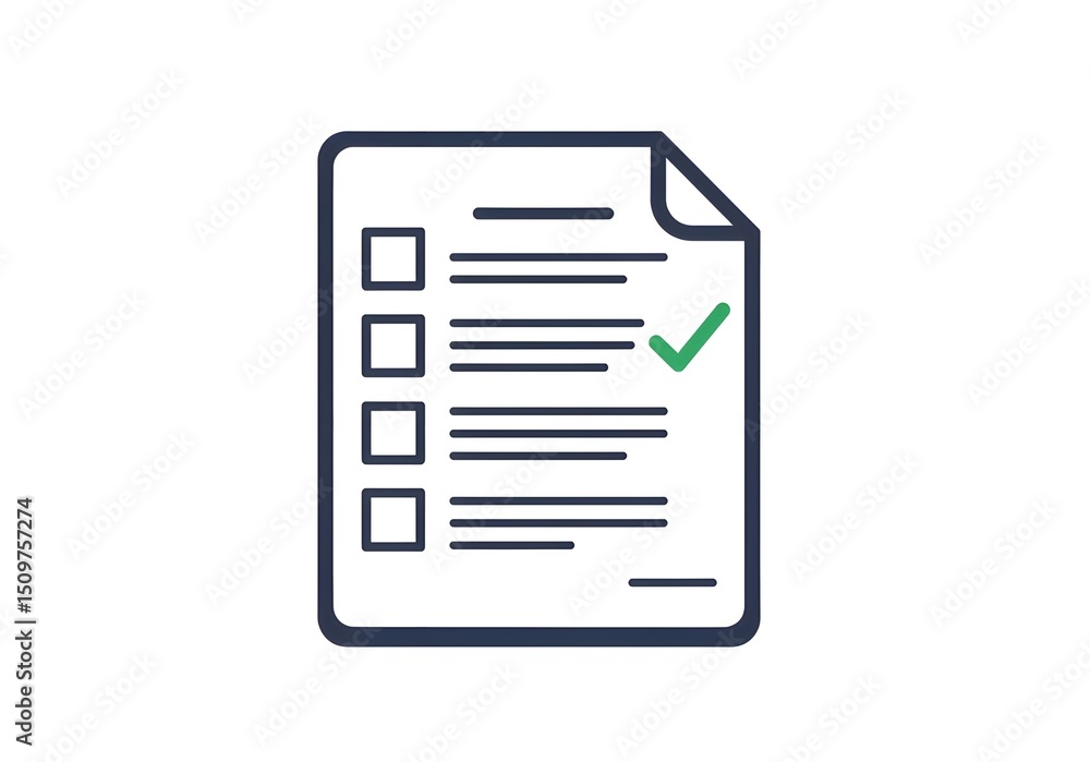 Poster illustration of a checklist with boxes and lines and a green checkmark on a white background