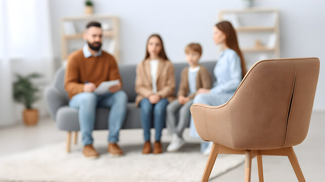 a family sitting together during a therapy session. A therapist is there as well. They are working through their problems 